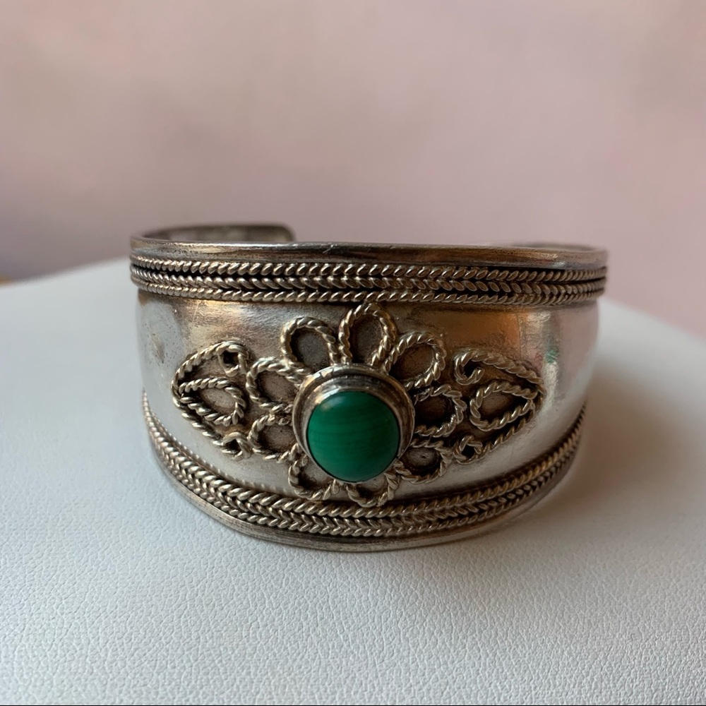 VINTAGE 925 SILVER GREEN MALACHITE CUFF BRACELET